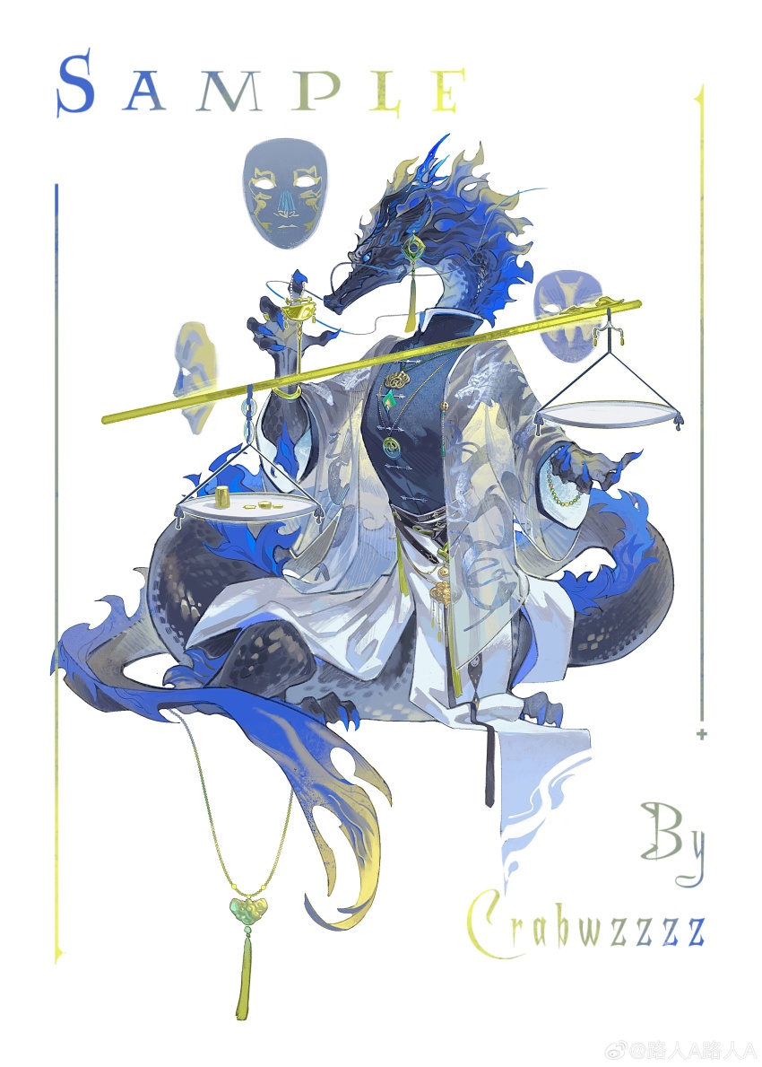 1boy, absurdres, artist_name, balance_scale, black_scales, black_shirt, blue_eyes, bracelet