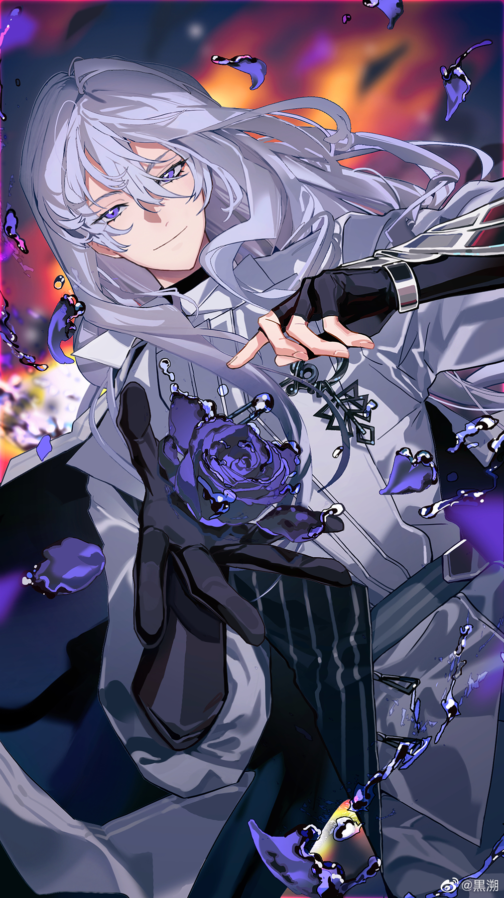 1boy, arm_guards, asymmetrical_gloves, belt, black_cape, black_gloves, blurry, blurry_background, brooch, cael_anselm, cael_anselm_(deimortem_era), cape, chinese_commentary, closed_mouth, dutch_angle, fingerless_gloves, flower, gloves, grey_belt, hair_between_eyes, highres, holding, holding_flower, jacket, jewelry, kurohush, liquid_flower, long_bangs, long_hair, long_sleeves, looking_at_viewer, lovebrush_chronicles, male_focus, open_hand, petals, pinstripe_pattern, purple_eyes, purple_flower, purple_rose, rose, side_cape, solo, straight-on, two-sided_cape, two-sided_fabric, upper_body, watermark, weibo_watermark, white_cape, white_hair, white_jacket