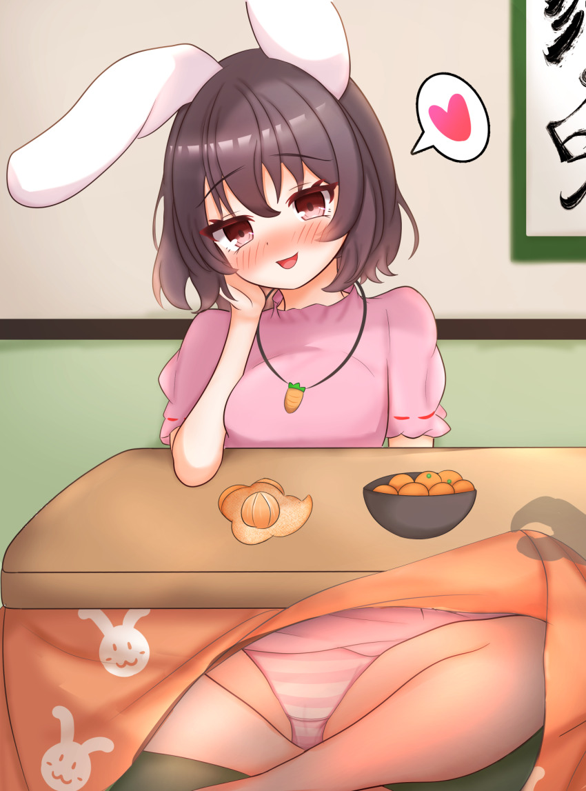 1girl, animal_ears, animal_print, black_hair, blush, bowl, breasts, brown_eyes