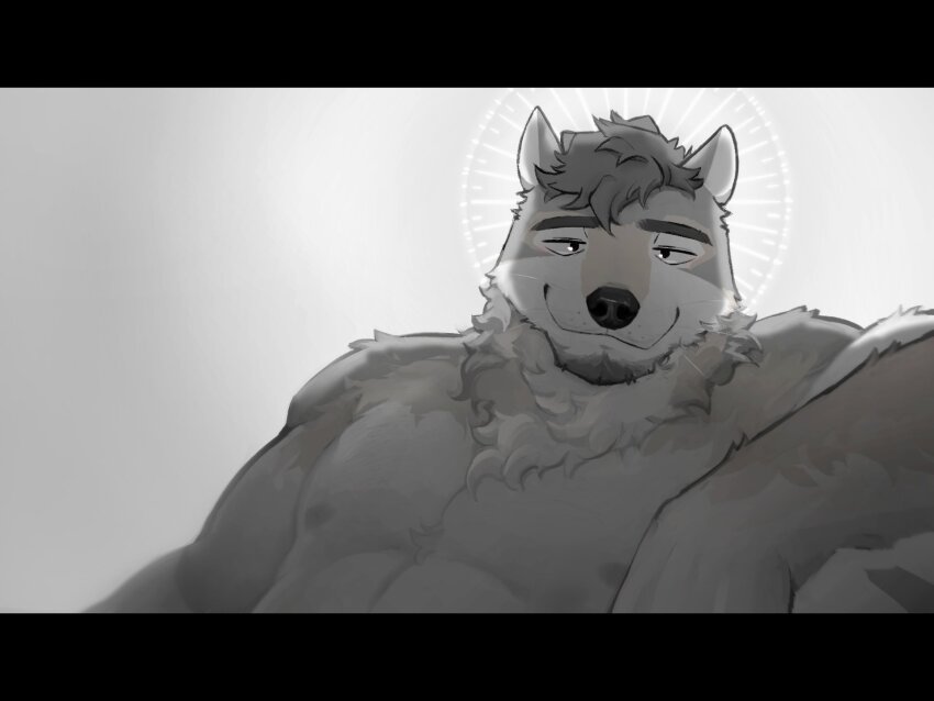 1boy, animal_ears, bara, echo_project, furry, furry_male, gradient_background, grey_background, halo, halo_behind_head, highres, kane_(the_smoke_room), looking_at_viewer, male_focus, pectorals, smile, solomon_(solosolosolomon), the_smoke_room, topless_male, upper_body, whiskers, wolf_boy, wolf_ears