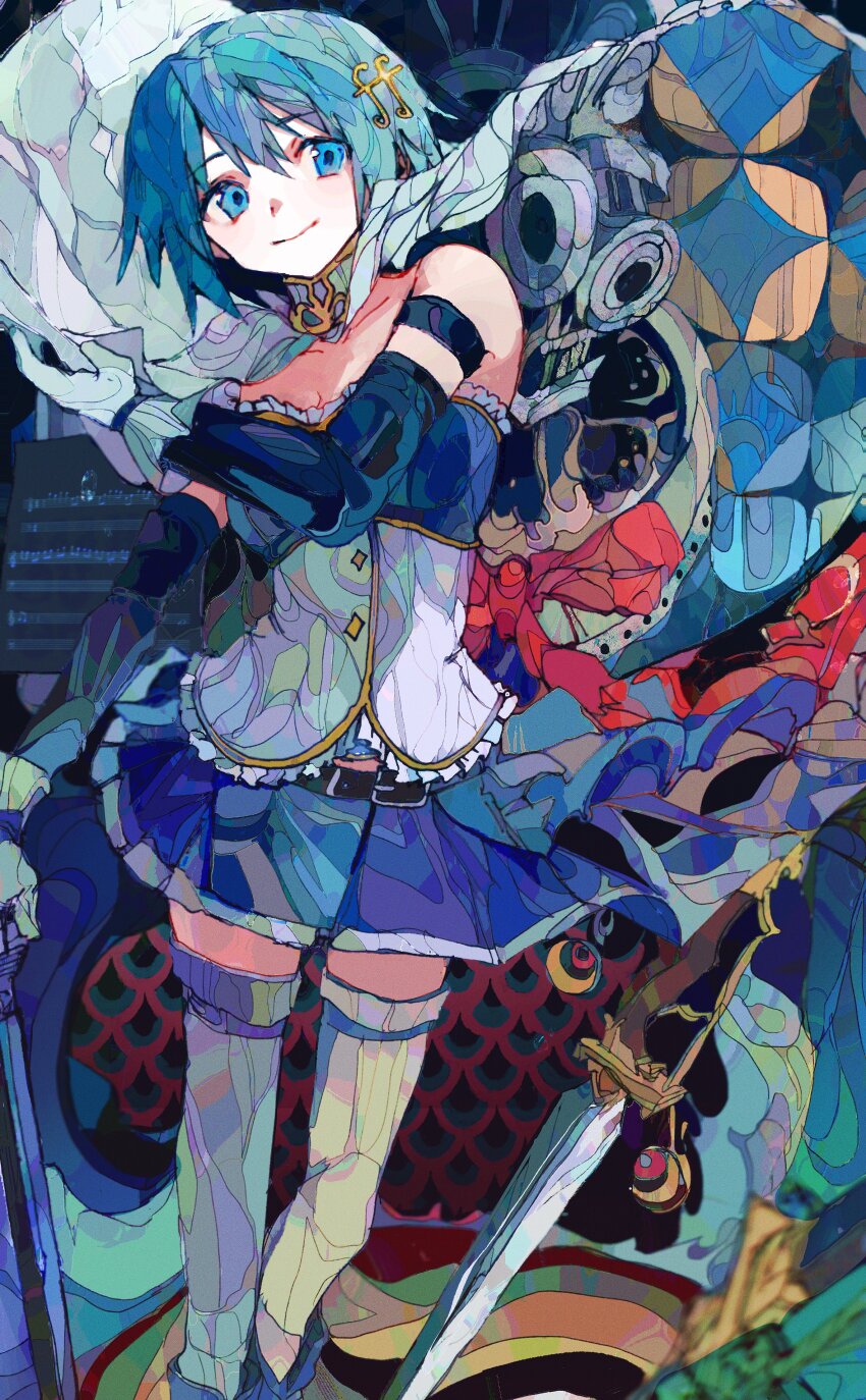 1girl, absurdres, bare_shoulders, belt, belt_buckle, black_belt, blue_background, blue_bow