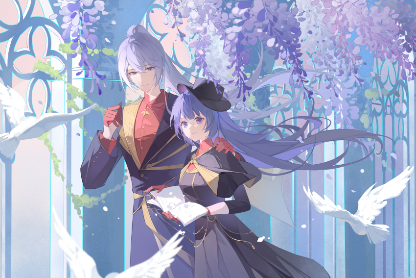 1boy, 1girl, absurdres, asymmetrical_clothes, bird, black_capelet, black_coat, black_dress, black_headwear, blunt_ends, book, brooch, cael_anselm, cael_anselm_(night_snowfall), capelet, closed_mouth, coat, cowboy_shot, cuff_links, dove, dress, dress_shirt, floating_hair, flower, gloves, gold_trim, hair_between_eyes, half_gloves, hand_on_another's_shoulder, hand_up, hat, heroine_(lovebrush_chronicles), high_ponytail, highres, holding, holding_book, jewelry, lapels, light_particles, long_hair, long_sleeves, looking_at_viewer, lovebrush_chronicles, mandarin_collar, open_book, plant, ponytail, porkpie_hat, purple_eyes, purple_flower, purple_hair, red_gloves, red_shirt, shirt, smile, standing, three-quarter_sleeves, vines, white_hair, wind, window, wisteria, yi_zhi_zhi_zhi_bing