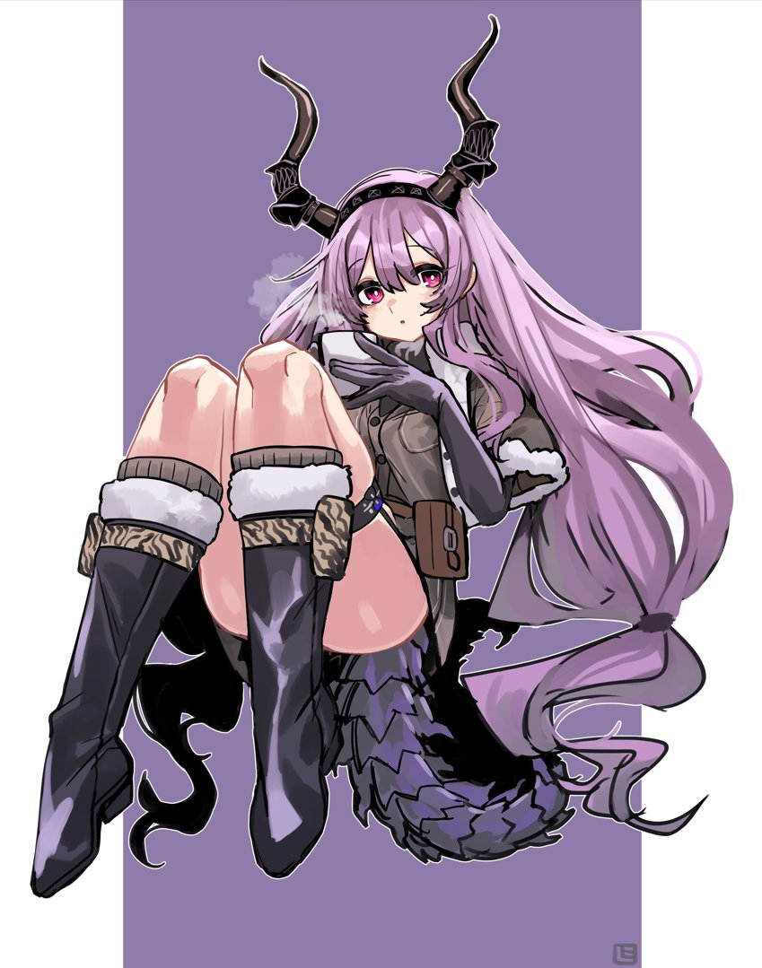 1girl, arknights, black_gloves, boots, cup, dragon_girl, dragon_horns, dragon_tail