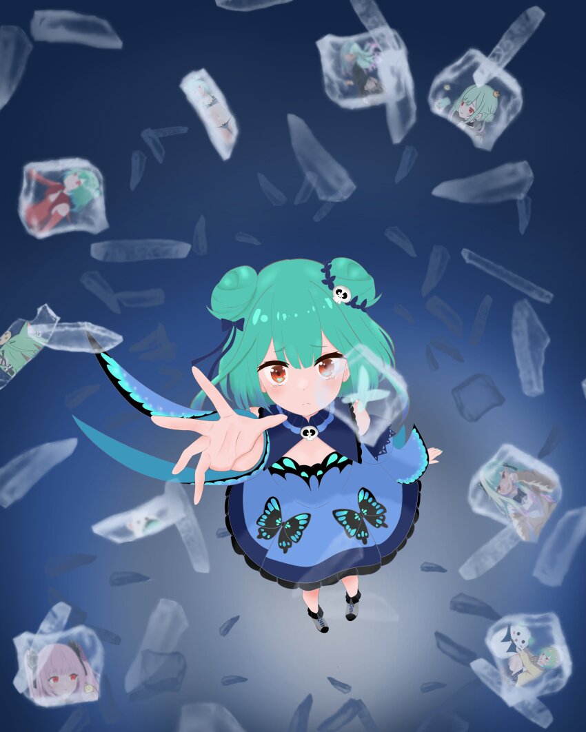 1girl, absurdres, animal_print, blue_dress, broken_glass, butterfly_print, detached_sleeves, dress