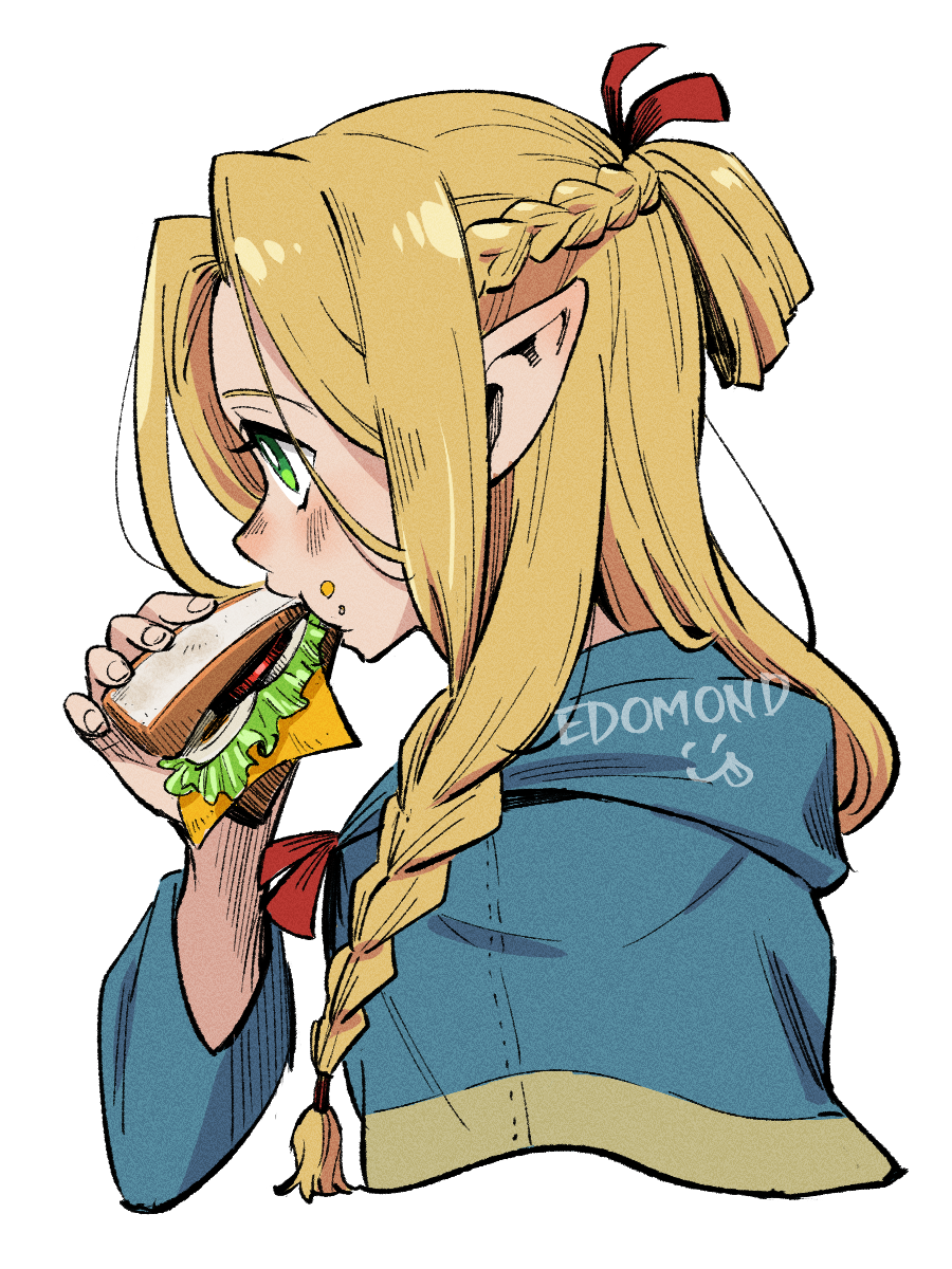 1girl, blonde_hair, blue_robe, braid, bright_pupils, commentary, dungeon_meshi, edomon-do