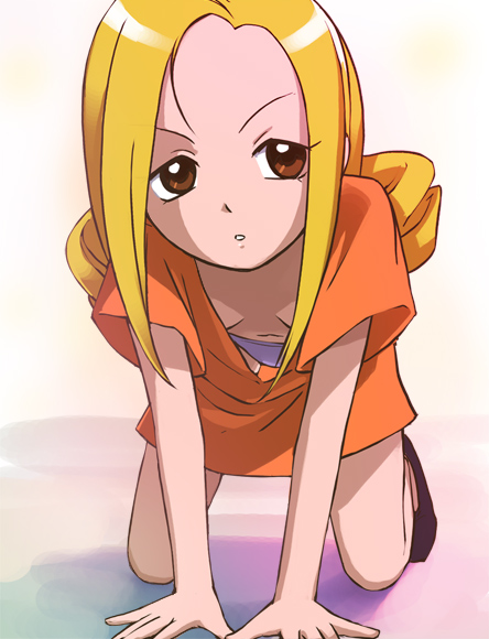 1girl, ahoge, all_fours, blonde_hair, breasts, brown_eyes, downblouse, dress, drill_hair, full_body, hanging_breasts, haruyama_kazunori, long_hair, looking_at_viewer, navel, ojamajo_doremi, open_mouth, orange_dress, panties, retro_artstyle, simple_background, small_breasts, solo, tamaki_reika, twin_drills, underwear, white_background, white_panties