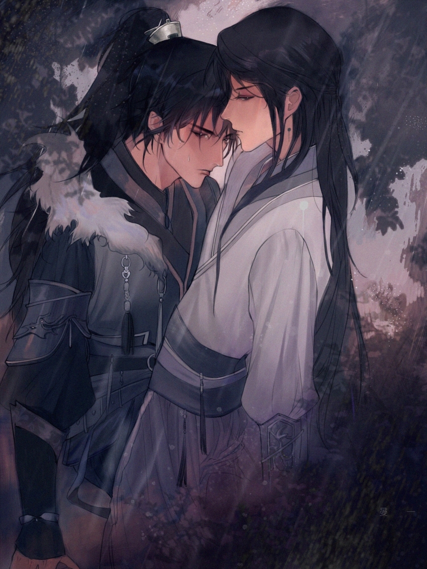 2boys, armor, artist_name, black_hair, brown_eyes, chinese_clothes, closed_mouth, fur_trim