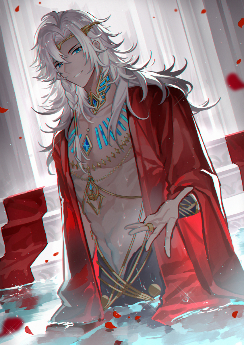 1boy, abs, absurdres, aqua_eyes, bath, beckoning, blue_gem, braid