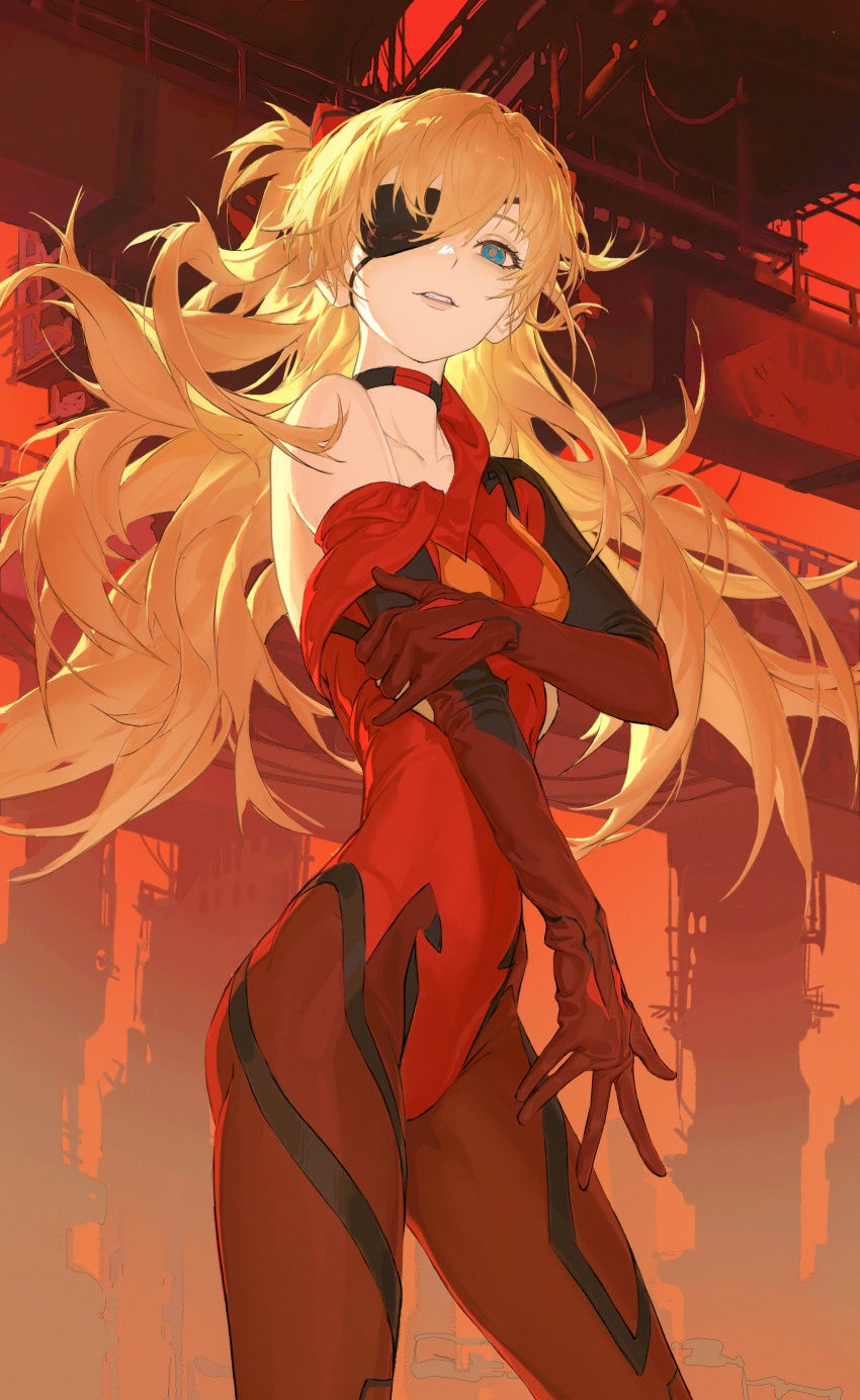 1girl, absurdres, atomicxx, black_choker, blonde_hair, blue_eyes, bodysuit, breasts