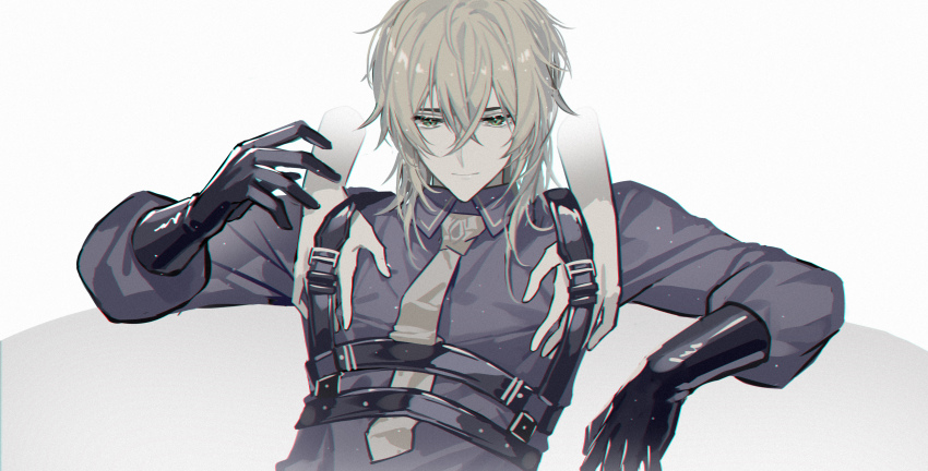 1boy, absurdres, alkaid_mcgrath, alkaid_mcgrath_(infinite_empire), arm_rest, black_gloves, blonde_hair, blue_shirt