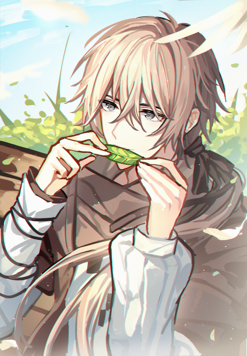 1boy, absurdres, asymmetrical_sleeves, bench, bird, black_ribbon, brown_hair, brown_jacket