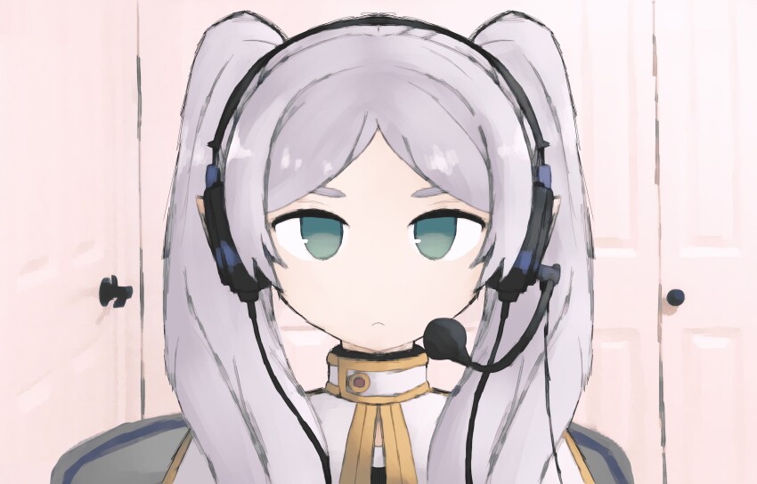 1girl, absurdres, capelet, closed_mouth, commentary, door, door_handle, elf, frieren, green_eyes, headphones, headset, high_collar, highres, iesonatana, indoors, long_hair, looking_at_viewer, meme, microphone, parted_bangs, pointy_ears, portrait, sad_linus_(meme), solo, sousou_no_frieren, straight-on, twintails, white_capelet, white_hair
