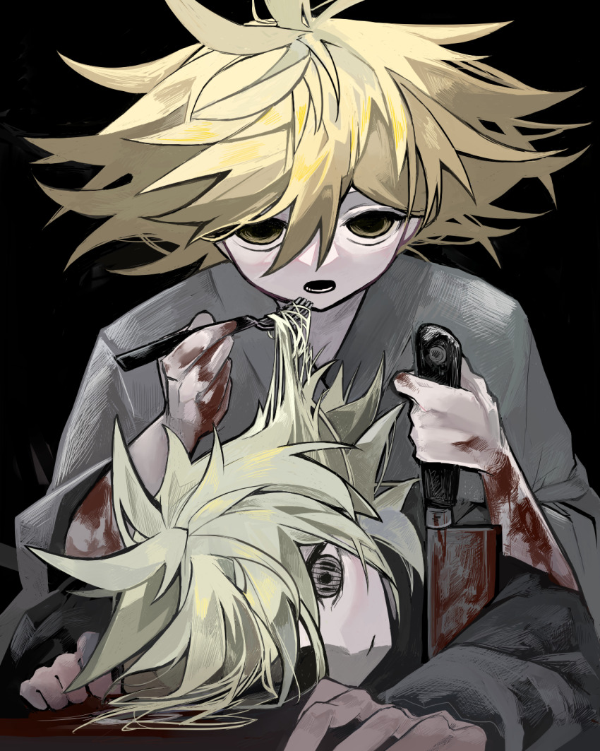1boy, black_background, blonde_hair, blood, blood_on_arm, blood_on_hands, bloody_weapon, dark_persona, frill_inferno, grey_shirt, hair_between_eyes, highres, horror_(theme), male_focus, messy_hair, pppppp, self-cannibalism, shirt, sonoda_lucky, symbol-shaped_pupils, weapon