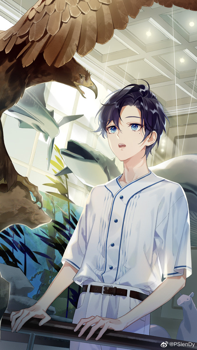 1boy, awestruck, belt, bird, black_belt, blue_eyes, blue_hair, clarence_clayden