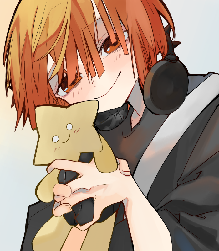 1boy, black_shirt, frill_inferno, headphones, headphones_around_neck, holding, holding_stuffed_toy, looking_at_viewer