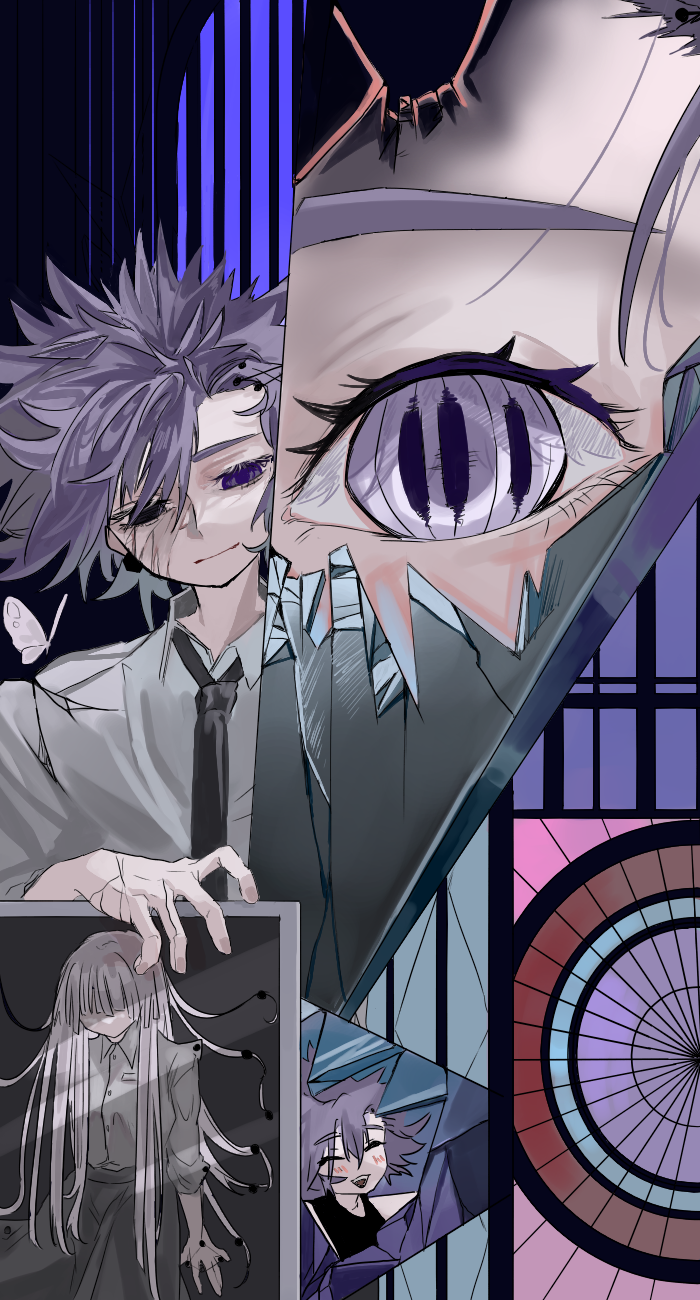 1boy, 1girl, alternate_hair_color, black_necktie, broken, bug, butterfly, crack