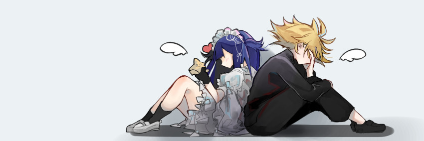 1boy, 1girl, back-to-back, black_footwear, black_gloves, black_pants, blonde_hair, blue_hair