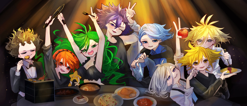 1girl, 6+boys, :d, absurdres, arm_up, black_shirt, blue_eyes, blue_hair, blue_shirt, bow, bowtie, breasts, brown_hair, chopsticks, cleavage, dual_persona, eating, family, food, fork, formal_clothes, frill_inferno, green_eyes, green_hair, grey_hair, hair_between_eyes, headphones, highres, holding, holding_chopsticks, holding_food, holding_fork, holding_knife, holding_stuffed_toy, incredibly_absurdres, knife, long_hair, long_sleeves, multicolored_hair, multiple_boys, noodles, omelet, omurice, open_mouth, otogami_don, otogami_fanta, otogami_gakuon, otogami_mimin, otogami_reijirou, otogami_sorachika, pppppp, purple_eyes, purple_hair, ramen, red_eyes, red_hair, shirt, shrimp, sleeveless, sleeveless_shirt, smile, sonoda_lucky, streaked_hair, stuffed_toy, suit, suspenders, symbol-shaped_pupils, tank_top, tiramisu, traditional_bowtie, white_shirt, yellow_eyes