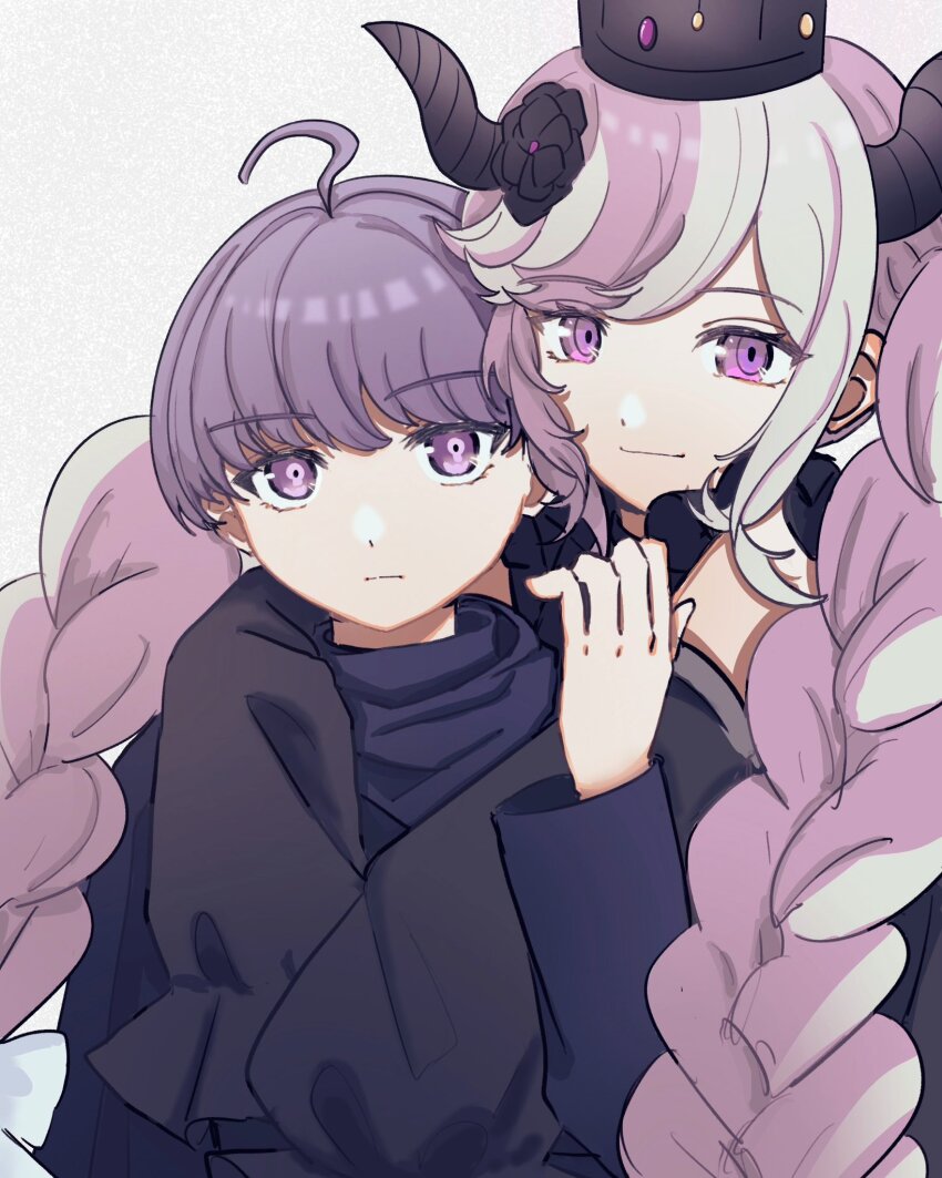 1boy, 1girl, ahoge, black_flower, black_horns, blue_jacket, braid, closed_mouth