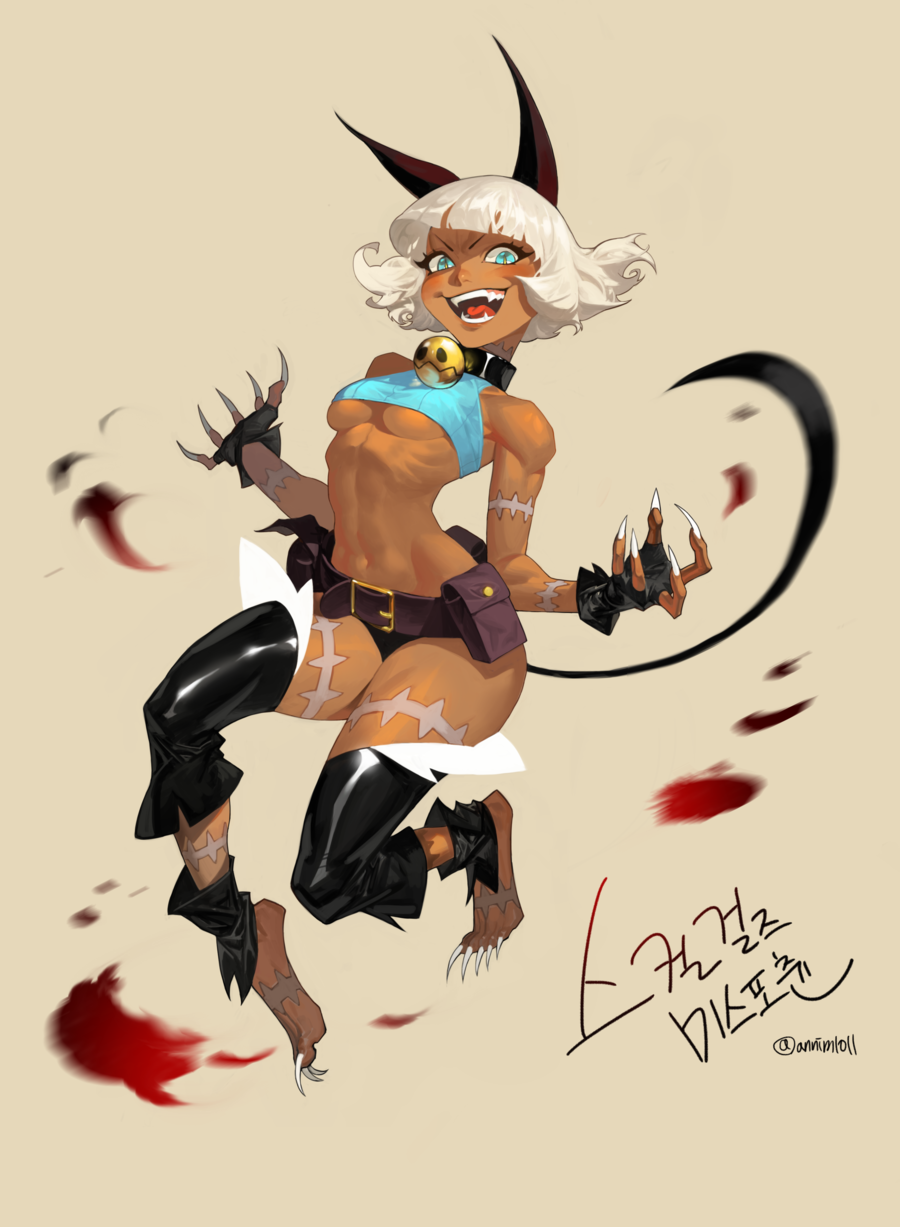 1girl, an_kyoung, animal_collar, animal_ears, bag, belt, black_gloves, black_pants