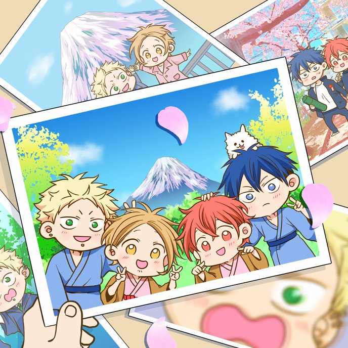 4boys, 961_masashi, blue_eyes, blue_hair, blush, cherry_blossoms, chibi, ear_piercing