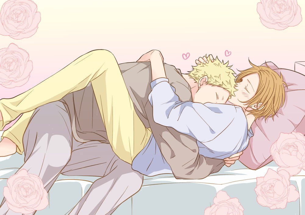 2boys, 961_masashi, bed, blonde_hair, blush, closed_eyes, couple, ear_piercing