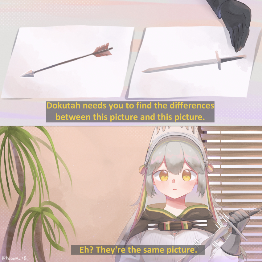 1girl, absurdres, arknights, cape, commentary, english_commentary, english_text, fartooth_(arknights)