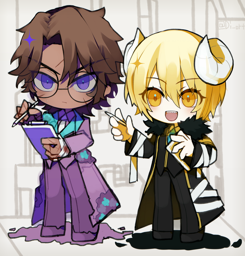 1boy, 1girl, black_coat, blonde_hair, blush, brown_hair, chibi, coat