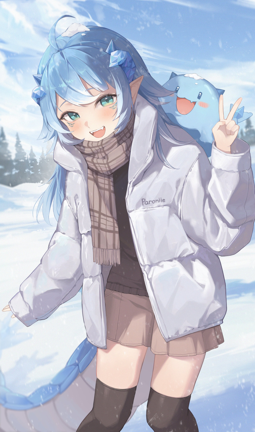 1girl, absurdres, ahoge, aqua_eyes, black_thighhighs, blue_hair, breasts, brown_scarf
