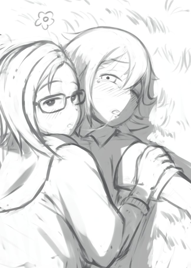 1boy, 1girl, basil_(faraway)_(omori), basil_(omori), blush, flower, glasses, hetero