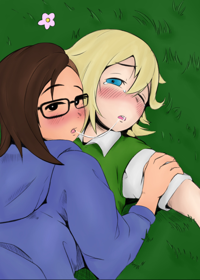 1boy, 1girl, basil_(faraway)_(omori), basil_(omori), blue_eyes, blush, flower, glasses