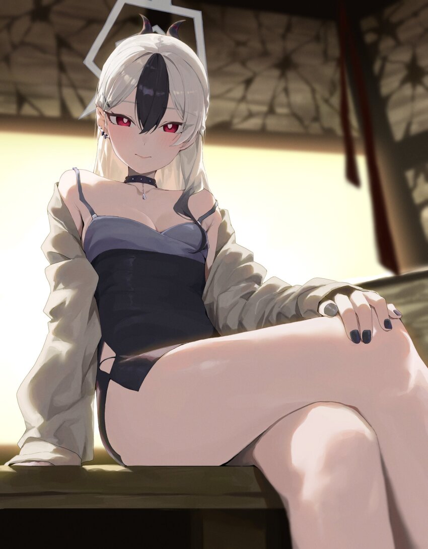 1girl, arm_support, black_choker, black_dress, black_hair, black_horns, black_nails, blue_archive, blurry, blurry_background, breasts, bright_pupils, choker, cleavage, closed_mouth, commentary_request, crossed_legs, demon_horns, dress, ear_piercing, feet_out_of_frame, fingernails, grey_hair, grey_halo, grey_jacket, hair_between_eyes, hair_ornament, hairclip, halo, hand_on_own_knee, highres, horns, indoors, jacket, kayoko_(blue_archive), kayoko_(dress)_(blue_archive), light_blush, light_smile, long_hair, long_sleeves, looking_at_viewer, medium_breasts, multicolored_hair, nail_polish, off_shoulder, official_alternate_costume, open_clothes, open_jacket, piercing, red_eyes, sitting, solo, strap_slip, tai_saka, thighs, two-tone_hair, white_pupils