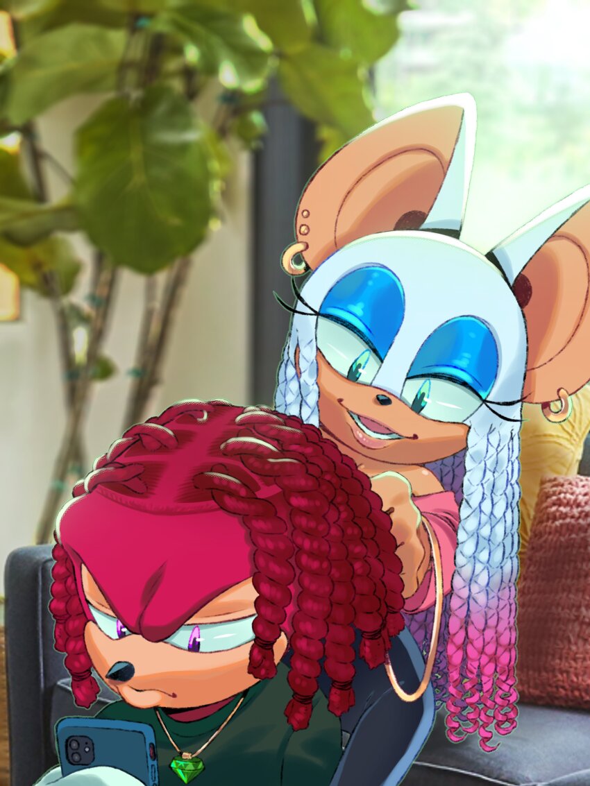 1boy, 1girl, absurdres, animal_ears, bat_ears, bat_girl, black_pants, black_sweater, blurry, blurry_background, braid, chaos_emerald, choso_giving_toudou_a_haircut_(meme), commentary, english_commentary, frown, furry, furry_female, furry_male, gradient_hair, head_tilt, highres, holding, holding_phone, jewelry, knuckles_the_echidna, meme, multicolored_hair, necklace, off_shoulder, pants, phone, pillow, pink_hair, pink_shirt, purple_eyes, red_hair, ritchell-innocent, rouge_the_bat, shirt, smile, sonic_(series), sweater, white_hair, yoga_pants