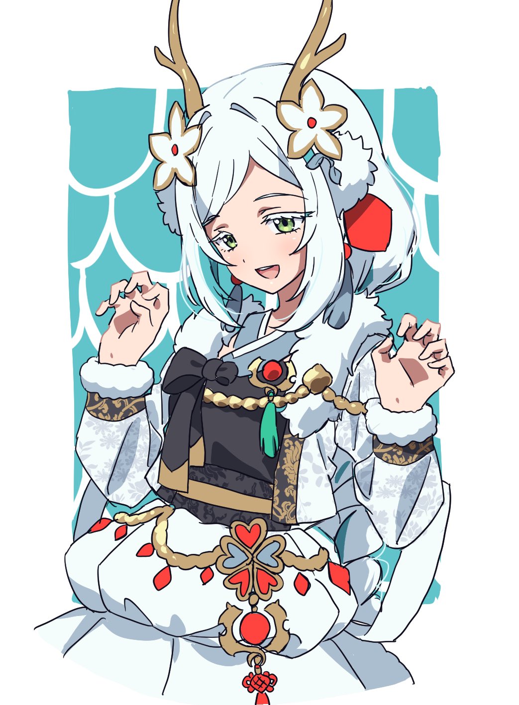 1girl, :d, antlers, braid, brown_horns, claw_pose, commentary_request, cropped_torso