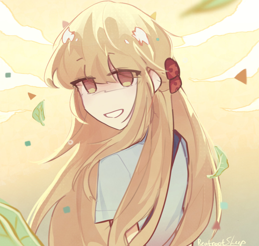 1girl, artist_name, back, beatrootsheep, blonde_hair, blue_shirt, brown_eyes, food