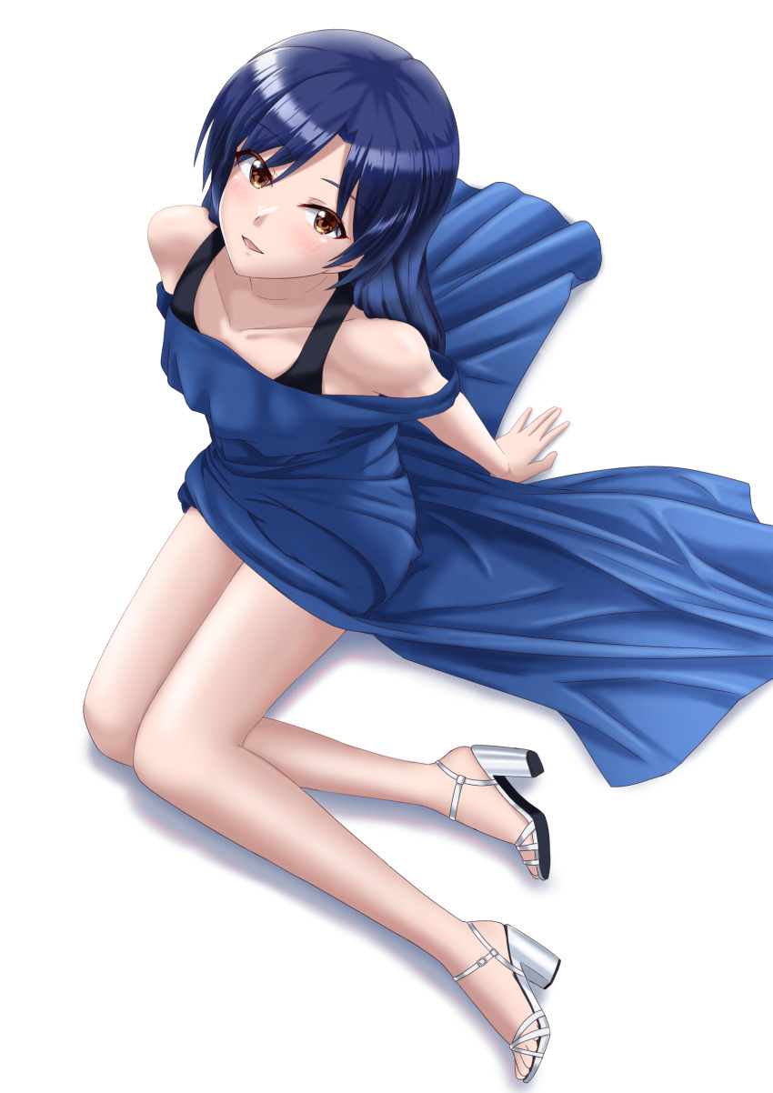 absurdres, blue_dress, blue_hair, blush, brown_eyes, dress, highres, idolmaster