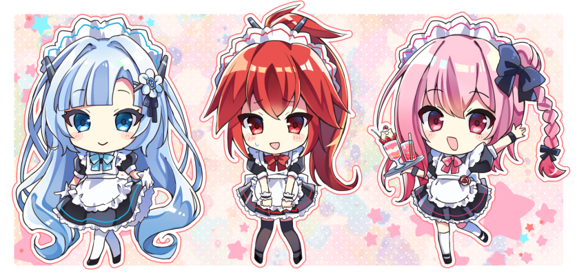 3girls, apron, black_bow, black_footwear, black_pantyhose, black_wrist_cuffs, blue_bow, blue_bowtie