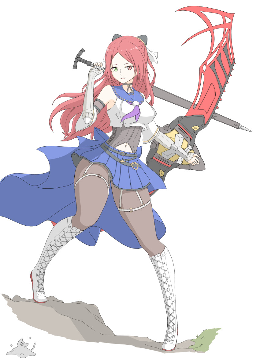 1girl, absurdres, animal, arm_behind_back, assault_lily, back_bow, bare_shoulders, belt