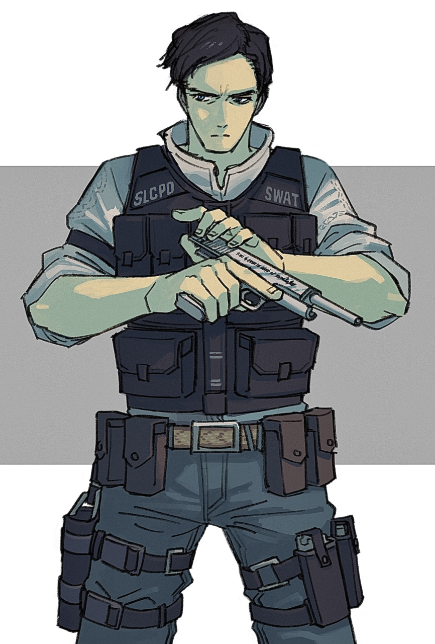 1boy, ammunition_pouch, belt, black_hair, collar, fallout, fallout:_new_vegas, gun