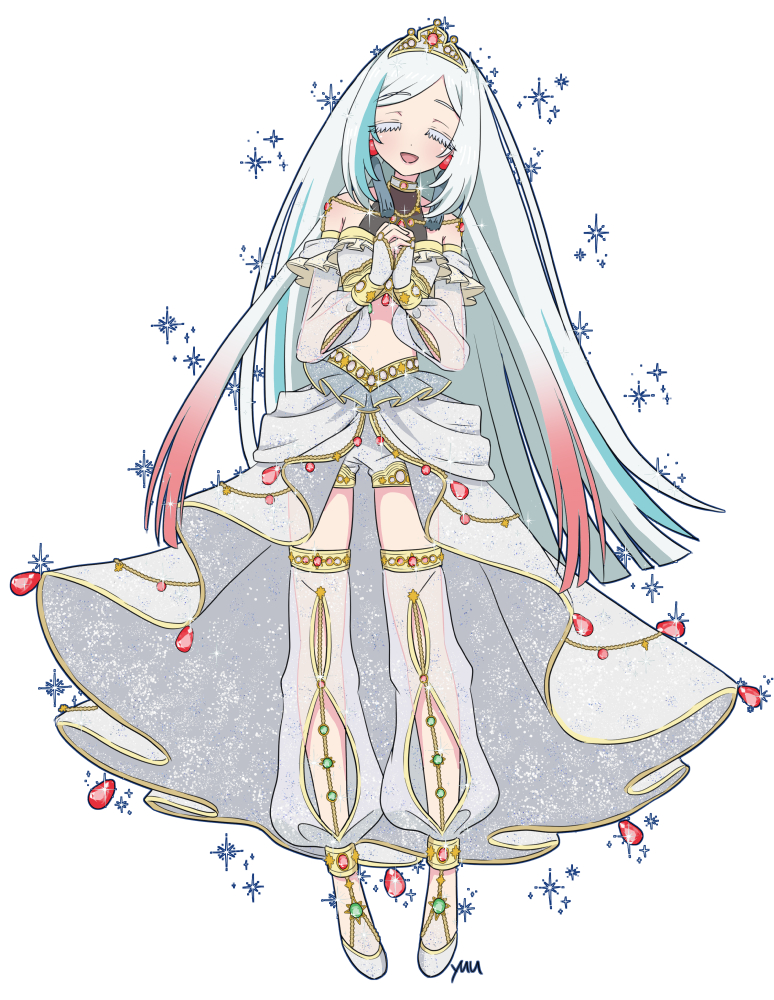 1girl, bare_shoulders, blue_hair, blue_outline, blunt_ends, bridal_gauntlets, closed_eyes, clothing_cutout