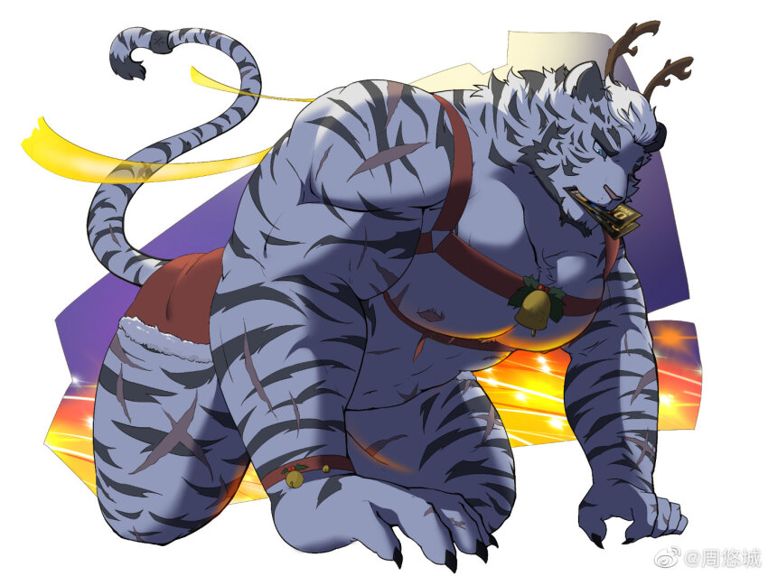 1boy, abs, all_fours, alternate_costume, animal_ears, antlers, arknights, artist_request