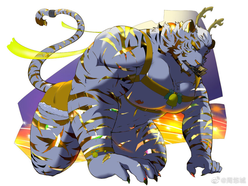 1boy, abs, all_fours, alternate_costume, animal_ears, antlers, arknights, artist_request