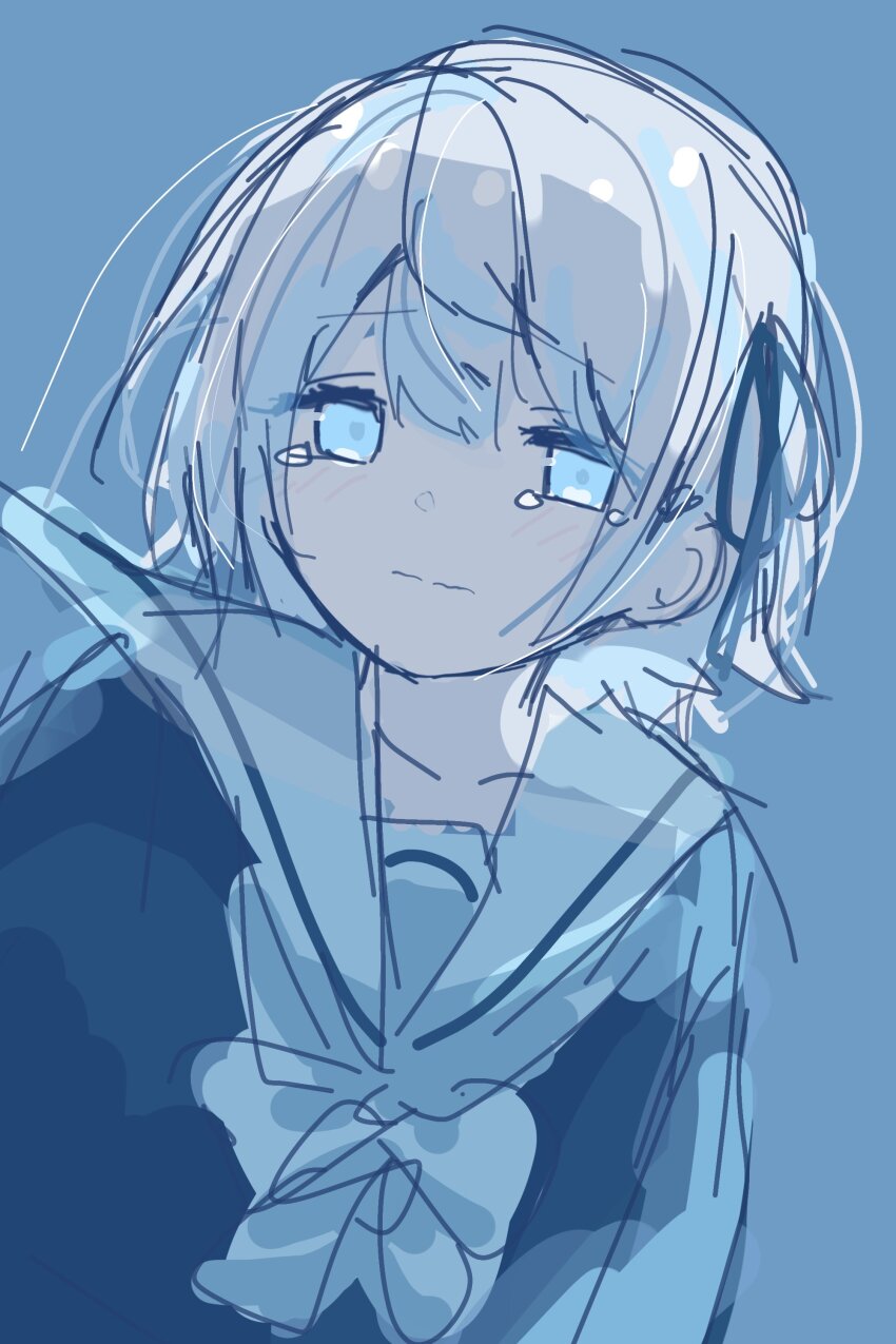 1girl, absurdres, aqua_eyes, blue_background, blue_bow, blue_bowtie, blue_eyes, blue_serafuku