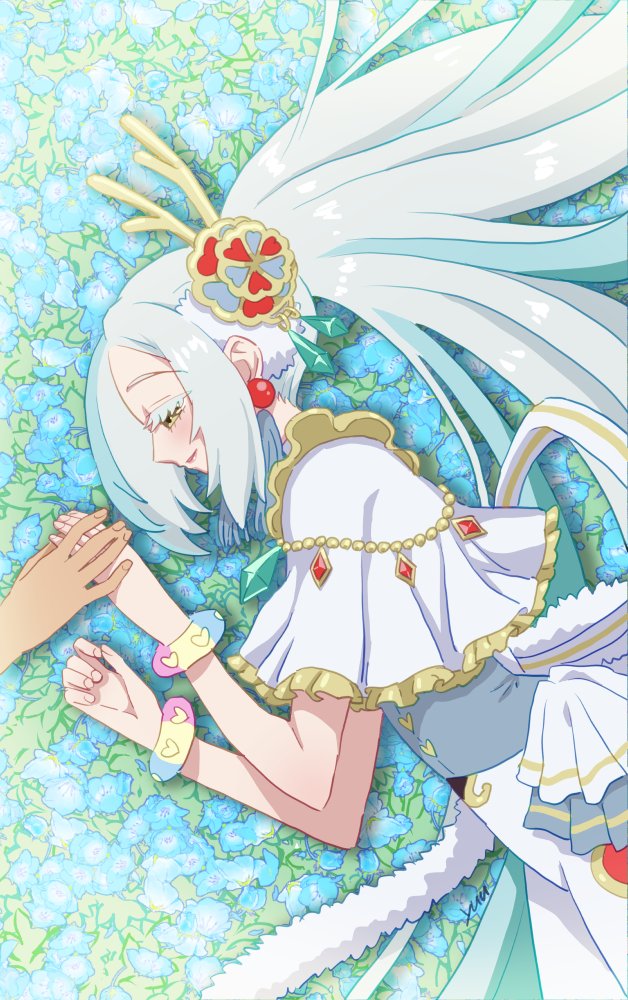 2boys, antlers, blue_flower, blue_hair, bracelet, capelet, chain, commentary_request