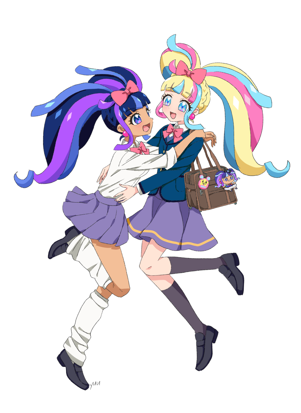 2girls, ahoge, bag, black_footwear, blonde_hair, blue_eyes, blue_hair, blue_jacket