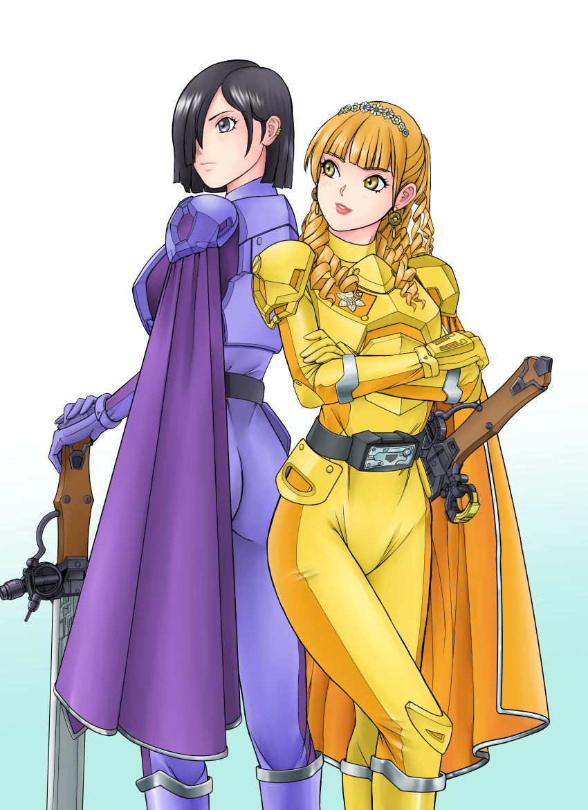 2girls, armor, black_hair, blonde_hair, bodysuits, helmetless, iwa, kanisuka_rita