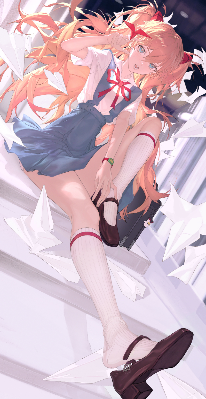 1girl, absurdly_long_hair, absurdres, atomicxx, bare_legs, blue_eyes, blue_skirt, breasts