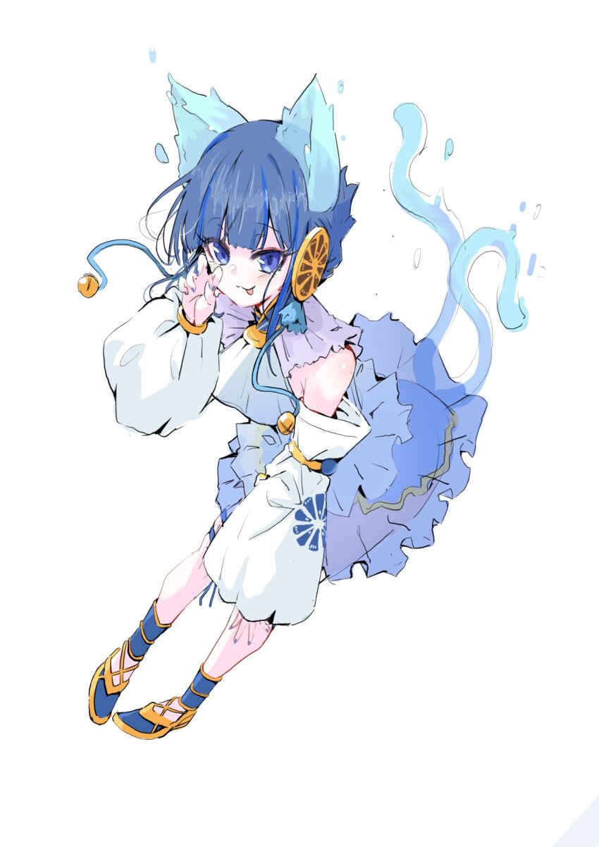 1girl, animal_ears, blue_eyes, blue_hair, blush, breasts, cat_ears, crop_top