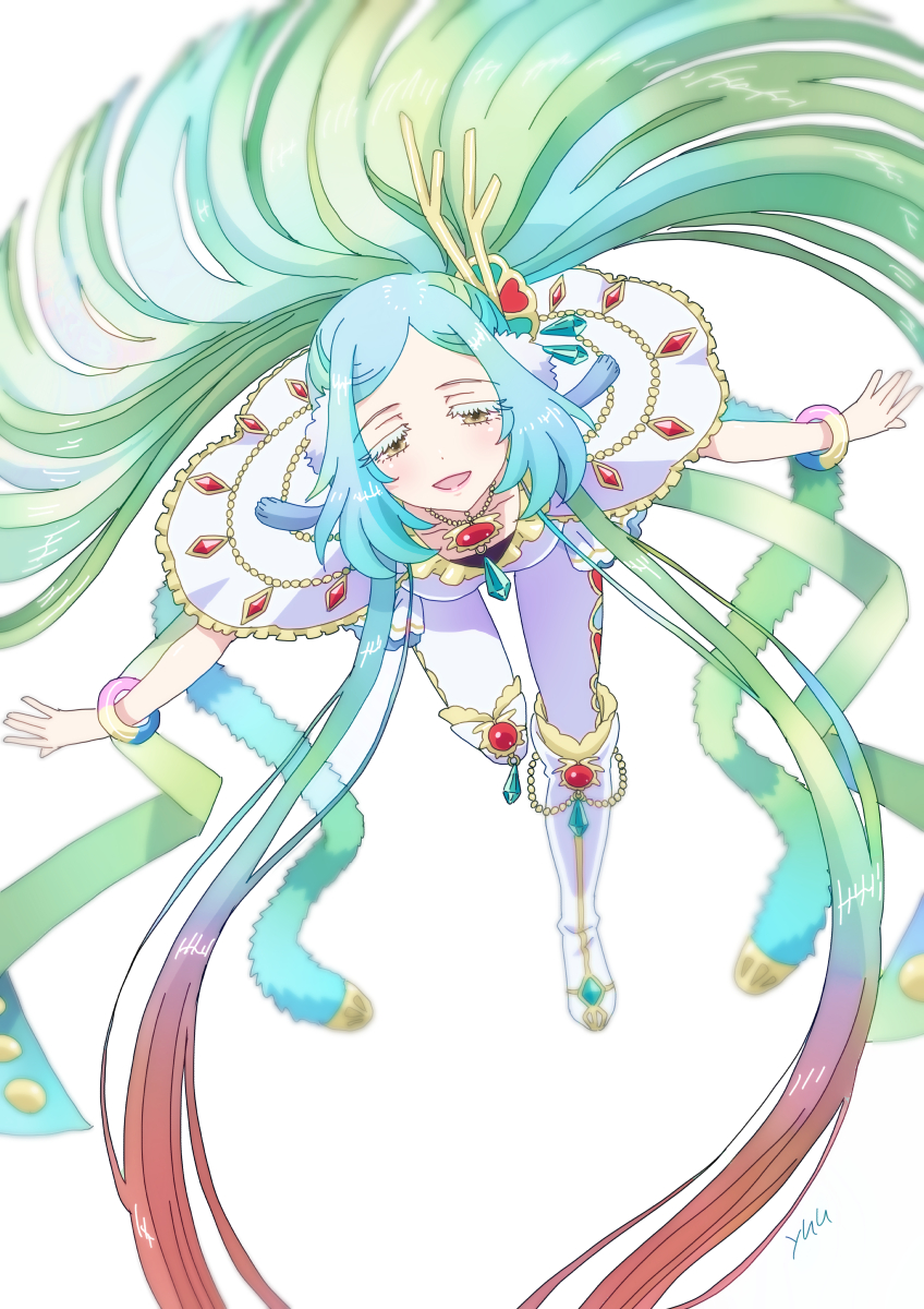 1girl, :d, antlers, blue_hair, boots, bracelet, capelet, commentary_request, floating_hair, full_body, gradient_hair, green_hair, highres, horns, jewelry, knee_boots, leaning_forward, long_hair, looking_at_viewer, multicolored_hair, open_mouth, outstretched_arms, pants, pretty_series, red_hair, ryuume_(pretty_series), simple_background, smile, solo, spread_arms, standing, standing_on_one_leg, very_long_hair, waccha_primagi!, white_background, white_boots, white_capelet, white_pants, yu_(prpyuu)
