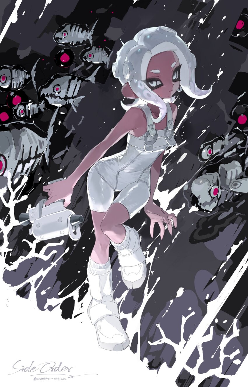 1girl, agent_8_(splatoon), artist_name, battering_lento, black_background, bodysuit, boots, closed_mouth